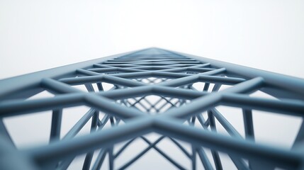 A low-angle view of a blue metal structure with a geometric lattice design, reaching upward against a pale background.