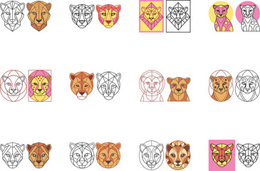 Fototapeta premium Geometric Cheetah Head Collection in Various Styles and Colors on White Background