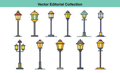 Vector Street Lamp Icons Collection, A collection of vector icons featuring various street lamp designs, with different styles and colors, ideal for urban and outdoor themes.
