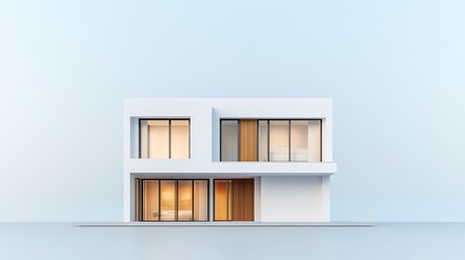 A modern minimalist house design featuring large windows and a clean, white facade, emphasizing simplicity and elegance.