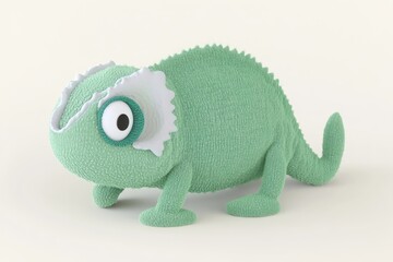Obraz premium Cute, light-green, textured chameleon figurine. Features large eyes, light-gray ear-like protrusions, and short, stubby legs