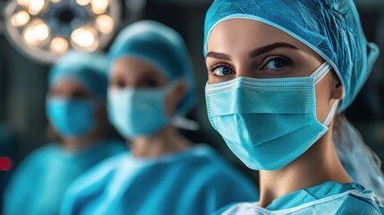 Group of Surgeons in Operating Room Wearing Surgical Masks and Gear