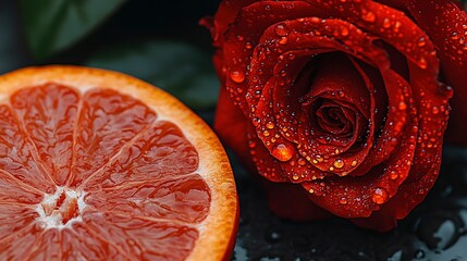 Red Rose and Grapefruit Slice A Study in Contrasting Textures and Colors