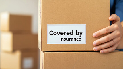 Cardboard boxes with insurance label held by person, symbolizing protection