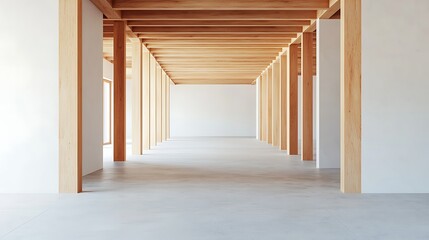 Fototapeta premium A modern, minimalist interior space featuring wooden beams and columns, creating an open, airy atmosphere.
