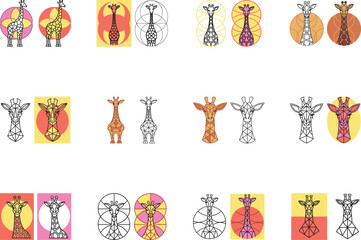 Geometric Giraffe Illustrations, Modern Outline Art, Animal Pattern Designs Set