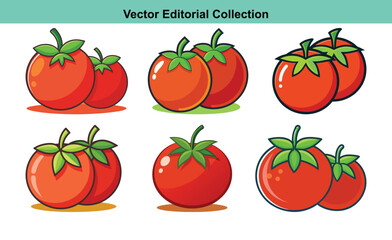 Vector Tomato Icons with Bright Red Design, A collection of vector icons depicting ripe tomatoes with vibrant red color and green stems, ideal for food and farming themes.

