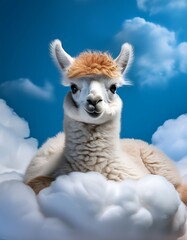 Obraz premium Dreamy Baby Llama Resting on a Cloud Beneath a Dazzling Sky