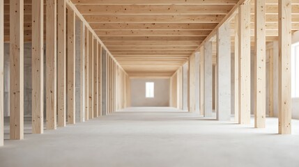 A spacious, unfinished interior space featuring wooden beams and concrete flooring, designed for structural support and natural light.