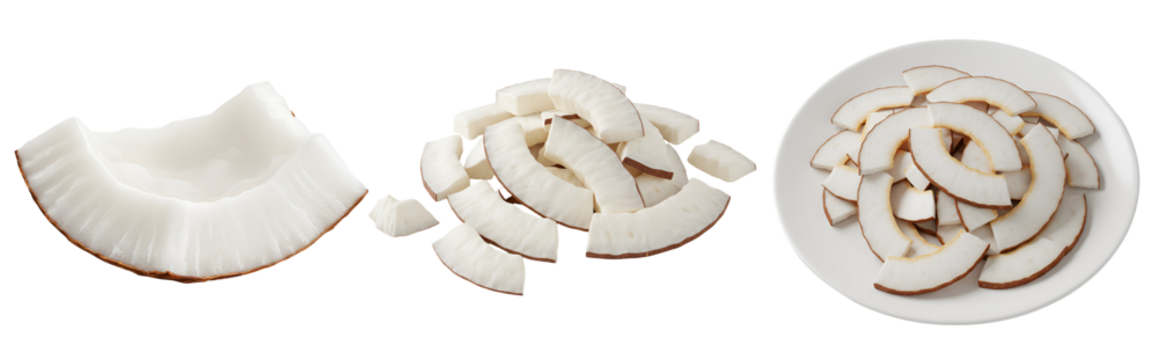 A view of fresh coconut pieces and slices arranged in three groups transparent background