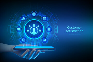 Customer satisfaction. Customer survey and feedback analytics. Using AI and automation technology in marketing for customer service. Smartphone in hands. Using smartphone. Vector illustration.