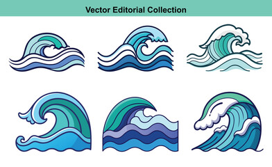 Vector Ocean Wave Icons Collection, A series of stylized vector icons of ocean waves in various shades of blue, perfect for water-themed designs.
