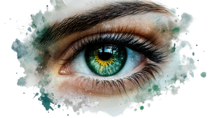 Emerald Gaze: A captivating close-up of a mesmerizing emerald green eye, detailed with fine textures and surrounded by delicate watercolor splashes.