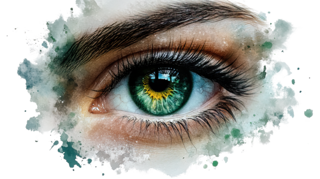 Emerald Gaze: A captivating close-up of a mesmerizing emerald green eye, detailed with fine textures and surrounded by delicate watercolor splashes. - Powered by Adobe