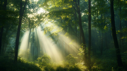 Obraz premium A foggy forest with beams of sunlight