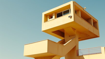 A yellow architectural structure against a clear cloudless sky