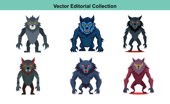 Vector Werewolf Character Icons Collection, A collection of stylized werewolf icons in vector format, featuring various colors and fierce expressions.
