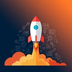 Rocket launching with flames against a dark background  