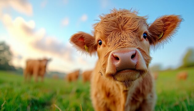 A majestic Highland cow stands its ground amidst a vast, open field, its shaggy coat billowing in the strong wind The dramatic sky above amplifies the intense atmosphere of this wide rural setting