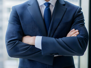 Close-up of a Man in a Navy Blue Suit with Arms Crossed, Professional Portrait, Business Attire, Confident Pose, Formal Wear, Studio Photography, Serious Expression.
