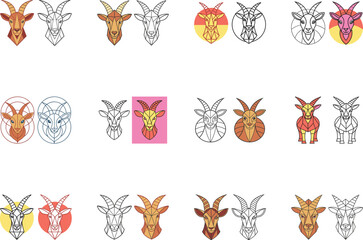 Set of Goat Head in Polygonal Style, Outline and Colored on White Background