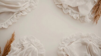 Delicate white baby bonnets with lace details and dried plants