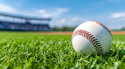 Baseball on Green Grass Field at Stadium in Sunny Day Game