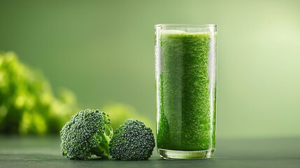 Fresh Green Broccoli Smoothie in Clear Glass with Vibrant Green Background