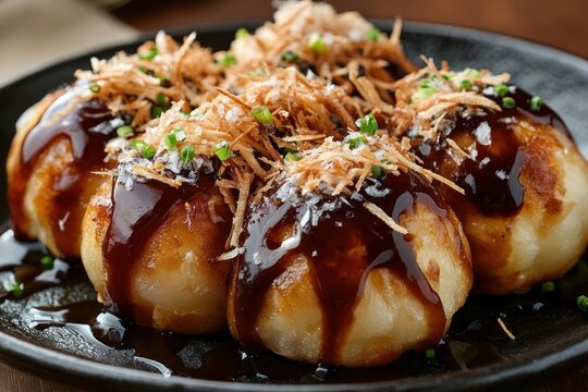 A close-up of freshly prepared takoyaki, crispy golden-brown outside with creamy filling, topped with bonito flakes and sauce, transparent background.