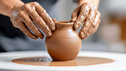 Crafting with Clay Hands Forming a Pottery Vase on a Spinning Wheel Art Creation Process