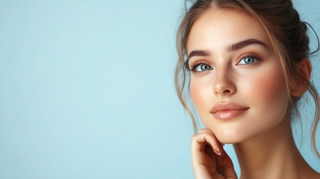 Young Woman with Glowing Skin in Beautiful Portrait on Blue Background