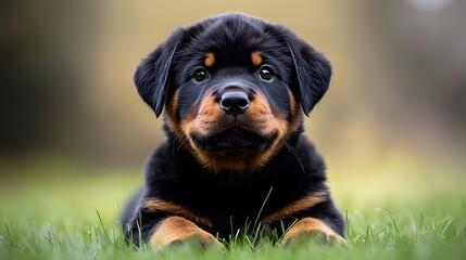 Fototapeta premium Adorable Rottweiler puppy outdoors on green grass