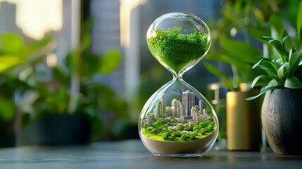 A captivating visual metaphor encapsulates the relentless march of time and its profound impact on urban development Behold a colossal hourglass, an emblem of transience, wherein a miniature city