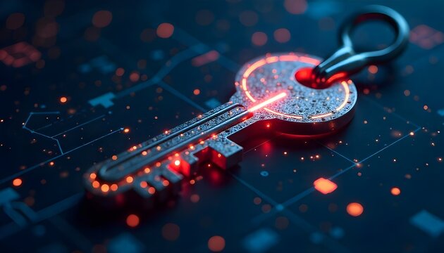 Blockchain technology concept with a glowing digital key, representing secure intellectual property transactions