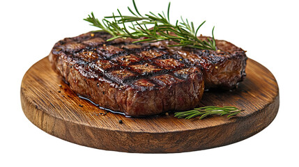 Grilled Steak on Wooden Board: A mouthwatering, perfectly grilled steak rests invitingly on a rustic wooden board, garnished with fresh rosemary sprigs.
