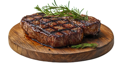 Grilled Steak on Wooden Board: A mouthwatering, perfectly grilled steak rests invitingly on a rustic wooden board, garnished with fresh rosemary sprigs.