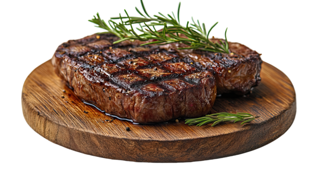 Grilled Steak on Wooden Board: A mouthwatering, perfectly grilled steak rests invitingly on a rustic wooden board, garnished with fresh rosemary sprigs.