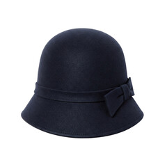 Navy blue cloche hat with bow, isolated on transparent background.