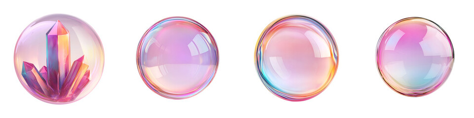 Mesmerizing collection of transparent glass like spheres displaying vibrant iridescent rainbow colored geometric patterns and prismatic light refractions