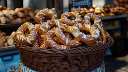 Freshly Baked Pretzels in a Rustic Basket at a Market Stall