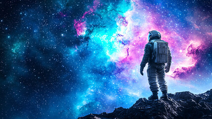 Obraz premium Lone Astronaut Standing on Rocky Terrain Gazing at a Colorful Nebula Filled Deep Space Universe