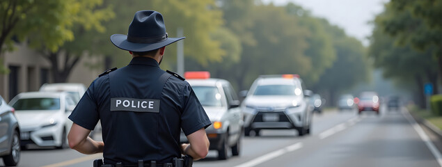 Caucasian male police officer directing traffic on busy urban street