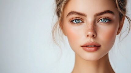 Fototapeta premium Woman with Glowing Complexion and Minimal Makeup Close Up