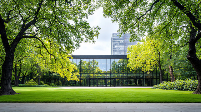Modern Architecture Office Building Surrounded by Trees in a Green Park Under Cloudy Sky