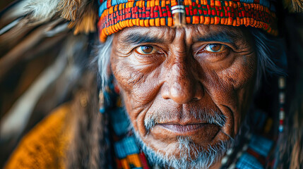 Obraz premium An indigenous Mexican man with an intense gaze wears traditional tribal attire and feathers