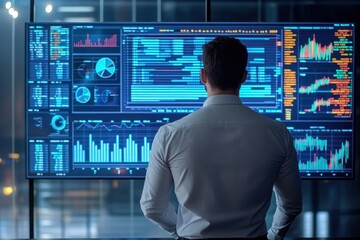 Business Professional Analyzing Data Insights on Large Digital Screens in Modern Office Environment with Graphs, Charts, and Analytics Visualizations