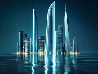 Night Cityscape: Modern Skyscrapers Reflecting on Calm Waters, Digital Art Illustration