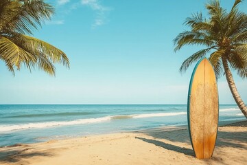 Surfboard and palm tree on beach with beach sign for surfing area. Travel adventure and water sport. relaxation and summer vacation concept. vintage color tone image.