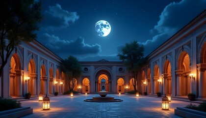 A deep blue sky with scattered wisps of clouds illuminated by a radiant crescent moon. In the background, a grand modern Arabic arch with intricate geometric patterns stands tall in a dimly lit space
