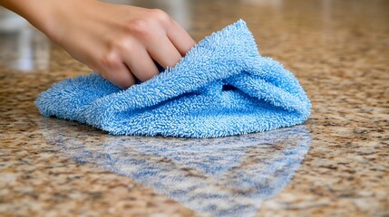 Cleaning a countertop with a blue cloth.  A hand wipes a kitchen surface